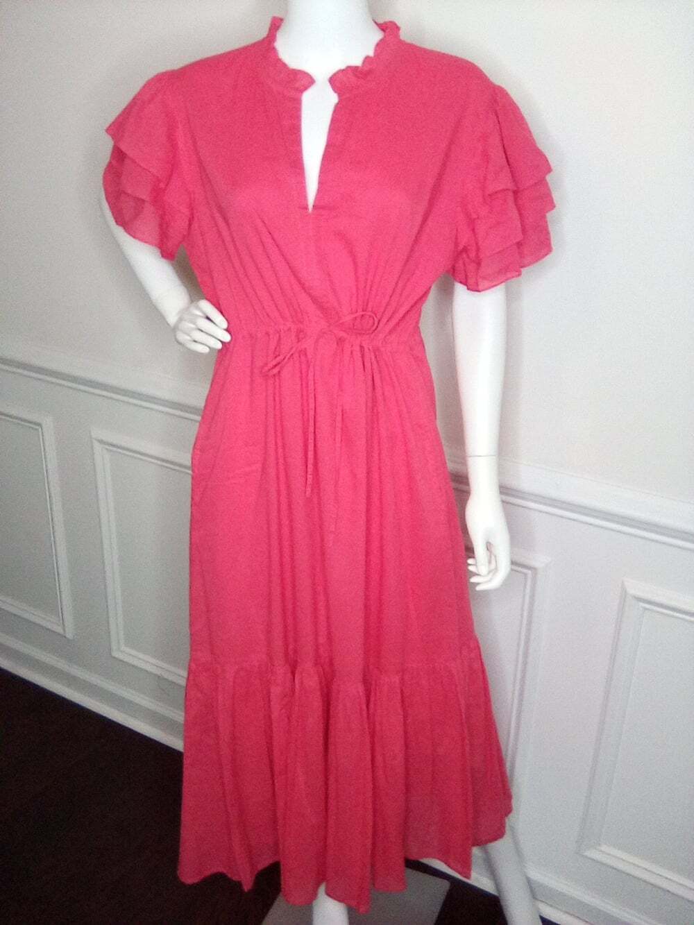 Olivia James The Label Delia Pink Plunge Neck Flutter Sleeve Maxi Sundress, XL